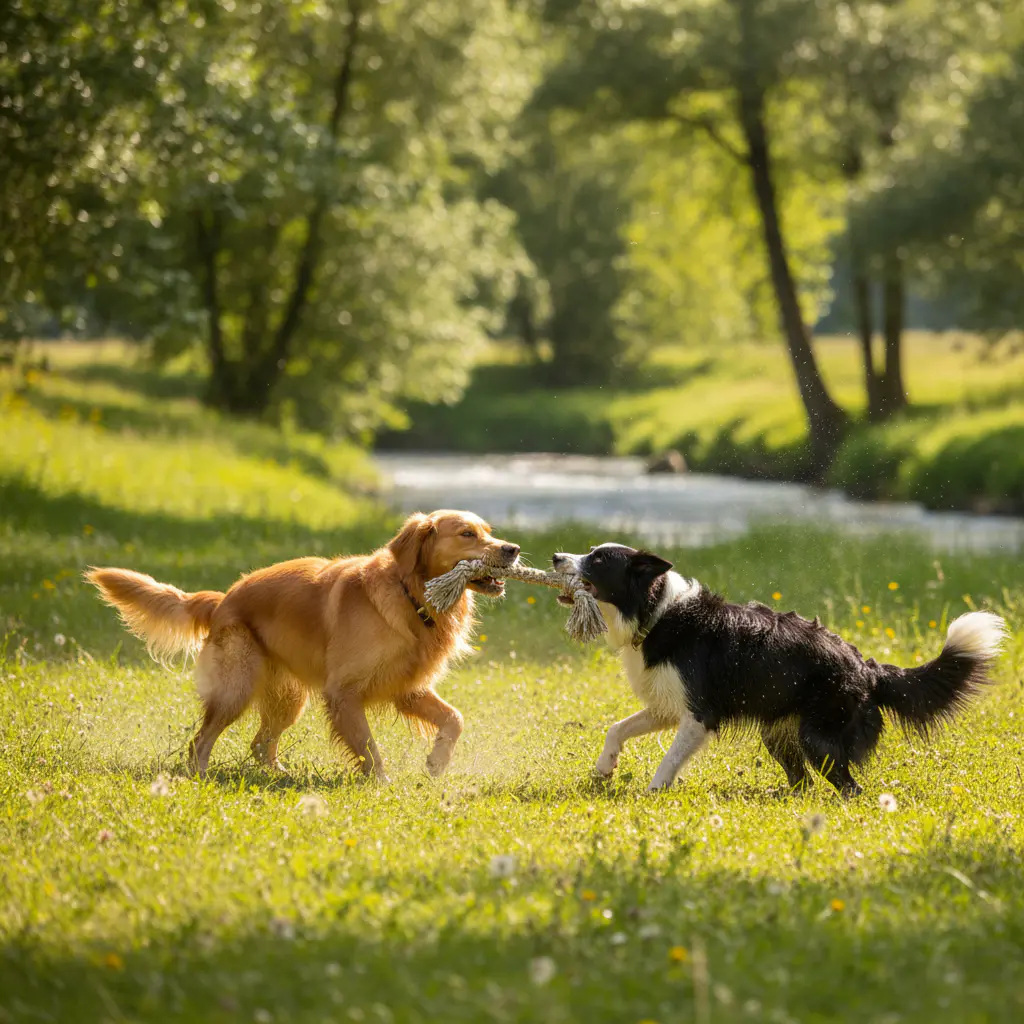 Dog playing tug of war