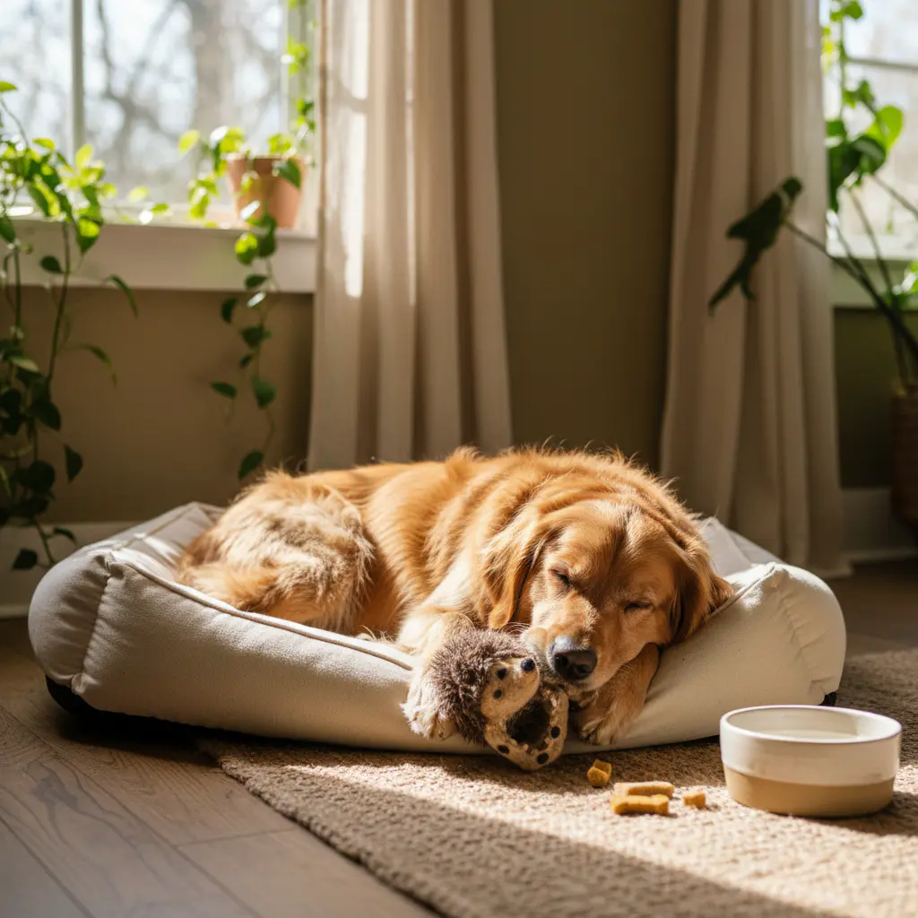 Dog resting with toy