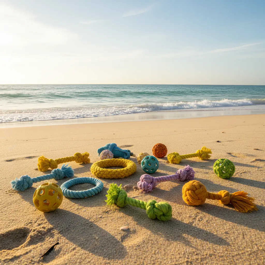 Colorful dog toys on a sunny beach